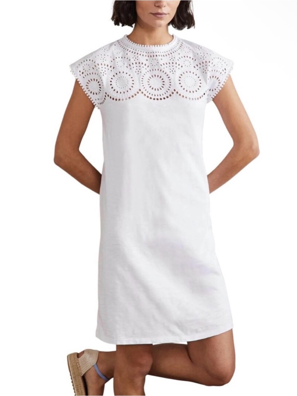 Boden Cutwork Jersey T-shirt Dress White Eyelet 100% Cotton UK 14 US 10R Boho
